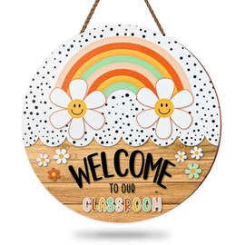 JarThenaAMCS Boho Classroom Welcome Sign Back to School Door Sign Welcome to Our Classroom Door Hanger Wreath for First Day of School Classroom Bulletin Board Window Wall Decor, 1pcs, 11.4in