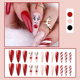 24 Pcs Christmas Press on Nails Medium Almond Fake Nails with Glue Winter Snowflakes Elk Nails Full Cover False Nails with Design Acrylic Nails Cute Nails Press ons for Women Girls