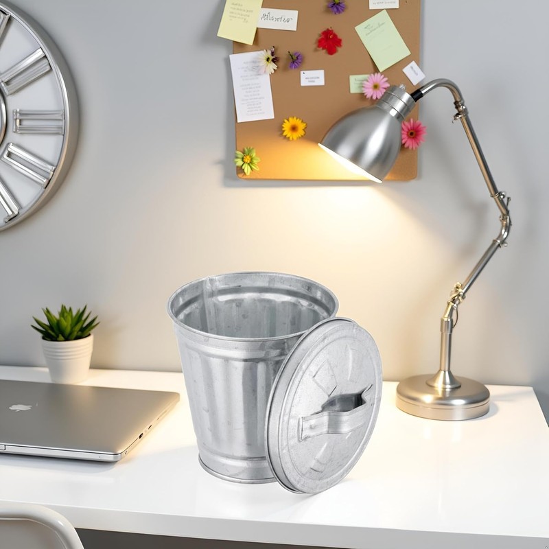 Zhhuoc Silver Mini Galvanized Trash Can with Lid Mini Wastebasket