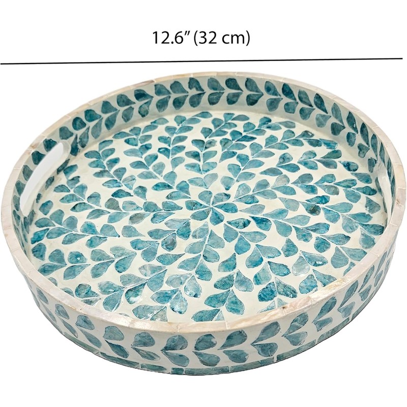 PEMAR 12.6” Mother of Pearl Round Serving Tray with Handles,