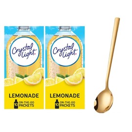 Crystal Light On The Go Drink Mix - Two (2) Pack of 10pck - Sugar-Free, Low-Calorie Refreshment with one Sukkar Pasha Long Golden SS Stirring Spoon (Lemonade)