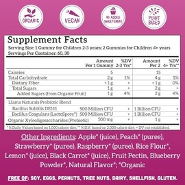 Llama Naturals Probiótico para niños con fibra prebiótica, vegano, orgánico, prebióticos y gomitas probióticas para apoyar la salud intestinal,...    