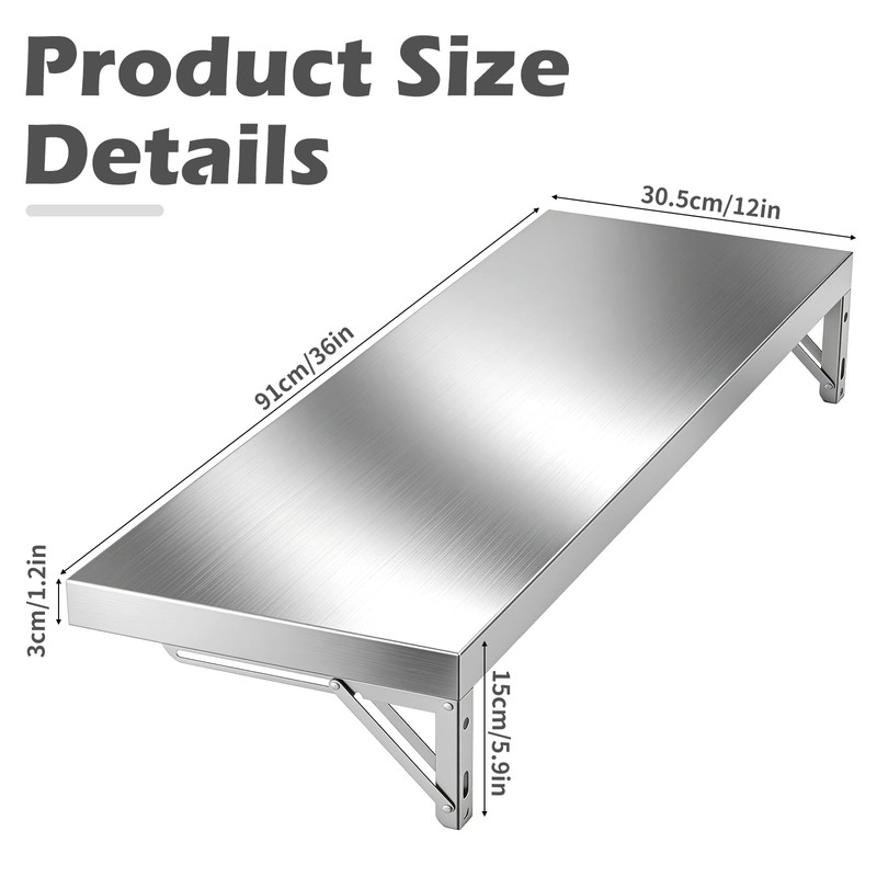 36" x 12" Folding Concession Shelf – Stainless Steel Drop