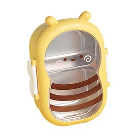 EUBEISAQI Kids Snack Container - 2 Compartments Stainless Steel Lunch Container, Bee Shaped - Meal Prep, Cartoon Lunch Box with Safety Lock, Leak Proof for School Students, Outdoor Travel