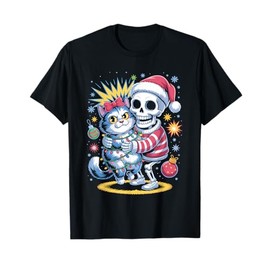 Skeleton Santa Hat Hugging Cat Funny Christmas Men Women Kid T-Shirt