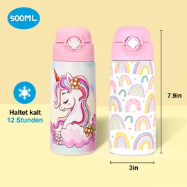 Ntswasd Children's Stainless Steel Drinking Bottle, Straw, Thermos Flask, 500 ml, BPA-Free, Leak-Proof Thermal Water Bottle for School, Nursery (2 Pack, Unicorn + Rainbow)