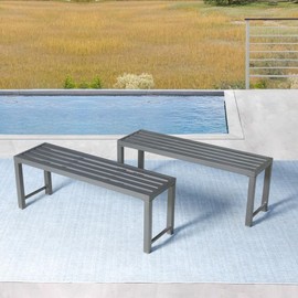 Outdoor Grey Garden Bench Set of 2，2-Person Patio Park Bench with Slatted Seat & Metal Frame，All Weather Patio Coffee Table，Rectangular Outdoor Dining Bench for Yard, Garden, Balcony, Entryway