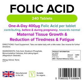 Lindens - Folic Acid 400mcg - 240 Vegan Tablets - UK Made to GMP - Pregnancy, Immune Health, Energy and Vitality, Blood Formation, Psychological Function, Amino Acid - Letterbox Friendly