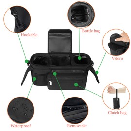 HOINCO Universal Baby Stroller Organizer，with Heightened Insulated Cup Holder,Detachable Phone Bag,Shoulder Strap and Mesh Bag，Fits Most Strollers.