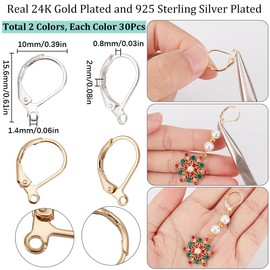 SUNNYCLUE 1 Box 60Pcs Real 18k Gold Plated & 925 Sterling Silver Plated Leverback Earring Findings Lever Back Hooks Frech Leverback Earwires Leverback Earring Hooks for Jewelry Making Accessories DIY