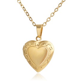 Beixiter Stainless Steel Vintage Heart Shaped Locket Pendant Necklace for Women, 18K Gold Plated