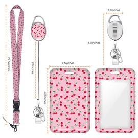 Cute Pink Cherry ID Badge Holder Badge Reel Lanyards for ID Badges Keychain Vertical Protector Retractable Carabiner Clips Heavy Duty Key Lanyard for Women Waiter Chef Economist Office Accessories