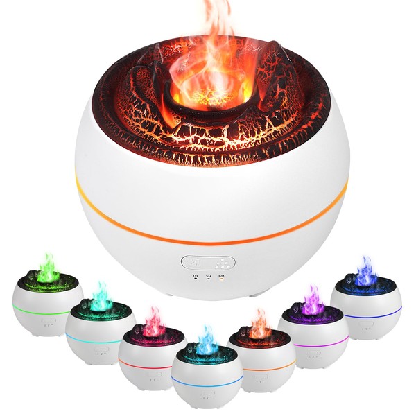 Flame Aroma Diffuser, Diffuser Humidifier, 3 Timers, 7 Colours, Waterless Automatic Shut-Off, Humidifier for Home, Office, Bedroom, Rooms (White)