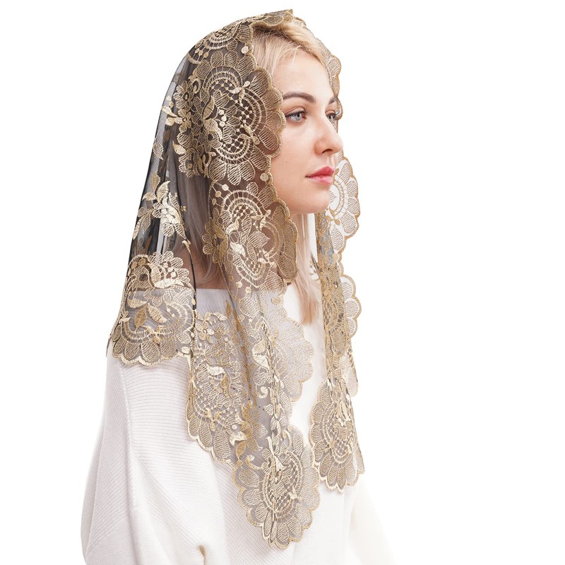 Spanish Mantilla Gold Chaple Veil Traditional Catholic Mass Church Head