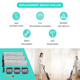 Replacement Brush Roller, Vacuum Filter for Tineco S5 Roller Brush High Efficiency Particulate Air Filter with Cleaning Brush, Includes 3 Main Brush 3 Filters, 1 Cleaning Brush