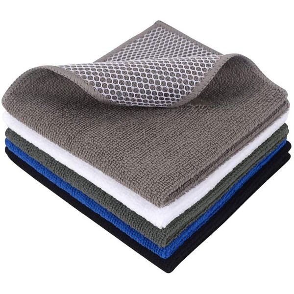 SINLAND Microfiber Dish Cloth Best Kitchen Cloths Cleaning Cloths Poly Scour Side 12inchx12inch (Blue+White+Grey+Brown+Black)