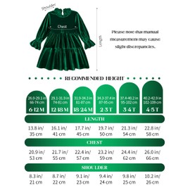 AlisOker Toddler Baby Girls Velvet Dress Long Sleeve Christmas Dresses Princess Birthday Party Dresses Fall Winter Clothes Green