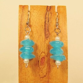 "Handmade" 1"  Aqua Blue Color Dainty Triple Bead Glass Pearl Handmade Drop Dangle Earring