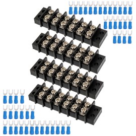 JAMHER 6 Circuits 6 Positions Terminal Block 20-30A 200-450V Dual Row Screw Terminals Strip with 48 PCS Heat Shrink Wire Fork Connectors(Pack of 4pcs)