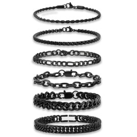 GUJOXILA 6pcs Black Bracelet for Men Cuban Chain Mens Bracelets Stainless Steel Black Mens Bracelet Set 8.3"