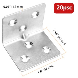 CHUEHKAK Pack of 20 90 Degree Angle Connectors, Angle 30 x 30 Stainless Steel, Metal Angle, L Brackets, Corner Brackets, 1.5 mm Thick, with 120 Screws, for Table, Chair, Bookcase, Cabinets, Silver