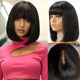 Datanala bob wig with bangs straight short bob wig with bangs human hair 3x1 HD Lace Glueless Wigs Blunt Cut Silk bob wig Wear and Go 180% Density Bob Wig with Bangs Realistic Look Natural Color for women (straight bob wig wth bangs 10inch)