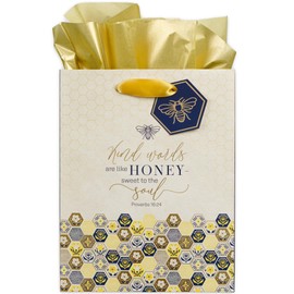 Christian Art Gifts Medium Portrait Inspirational Scripture Gift Bag, Tag & Wrapping Tissue Paper Set for Women: Kind Words are Like Honey Bible Verse, Soft White, Yellow, Gold & Navy, Cute Bumblebee