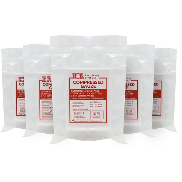 Ever Ready First Aid Compressed Sterile Gauze, 6-Ply Emergency Medical