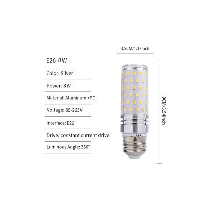 KONPWAY 8W LED Corn Light Bulb - Equivalent 60W Incandescent,