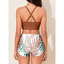 Herseas Women's Bikini Sets Solid High Neck Top Floral Print Bikini Bottom High Waisted Two Pieces Swim Suit Cute Teen Tummy Control Brown Bathing Suits Medium