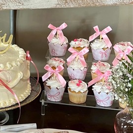 24 Pcs Pink Bow Cupcake Toppers Bow Birthday Decorations for Girls Women Baby Show Wedding Coquette Themed Party Decorations (Pink)