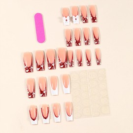 Valentines Press on Nails Long Square Fake Nails With White Heart Bow Charms Rhinestones Designs White French Tip False Nails Full Cover Stick on Nails Romantic Nails for Women 24 Pcs