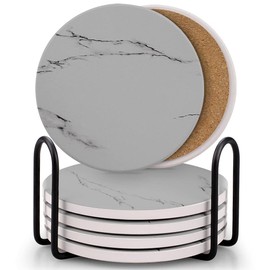 Coasters for Drinks, Absorbent Ceramic Stone Coasters Set with Metal Holder Stand, Cork Base, Marble Surface Pattern, Cups Place Mats for Home Decor, Set of 6 - Gray