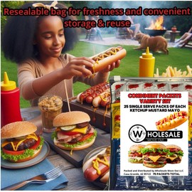 Wholesale Move Out Condiment Packets, 75 Single Serve Packs - 25 Each of Ketchup, Mustard, Mayo Packs, Perfect for Travel, Picnics, BBQ