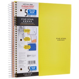 Five Star Spiral Notebooks, 5 Subject, College Ruled Paper, 200 Sheets, 11" x 8-1/2", Teal, Yellow, 2 Pack (73509)