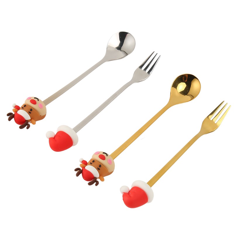 4Pcs Christmas Spoons and Forks Set Stainless Steel Cartoon Funny