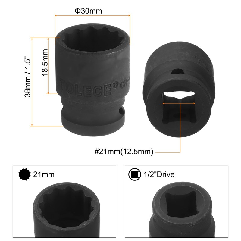 sourcing map 1/2" Drive x 21mm Shallow Impact Socket 12-Point