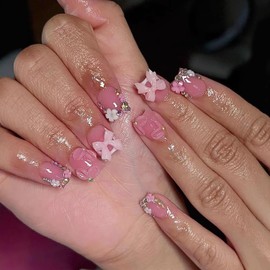 Square Press on Nails Short Fake Nails with Flower Rhinestone Designs White French Tip False Nails Glossy Nude Pink Acrylic Glue on Nails Cute Bow Stick on Nails for Women Girls Manicure 24Pcs