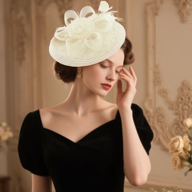 DRESHOW Mesh Women's Flower with Pearl Feather Fascinators Hat on a Headband and a Forked Clip Cocktail Tea Party Headpiece for Girls & Women Noble Kentucky Hat, 19-beige, Unit size