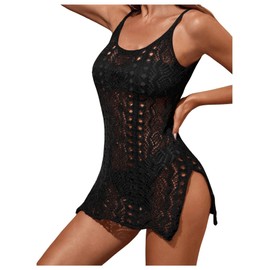 Milumia Women's Hollow Out Slit Coverups Spaghetti Strap Crochet Cover Up, Black Solid, Large