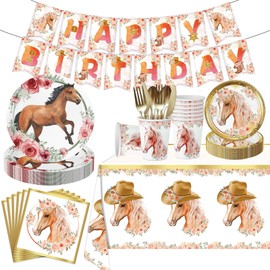 170 Pcs Cowgirl Birthday Party Decorations, Horse Theme Party Tableware Set Includes Plates, Napkins, Cups, Banner, Tablecloth for Girls, Horse Party Decorations, Serve 24