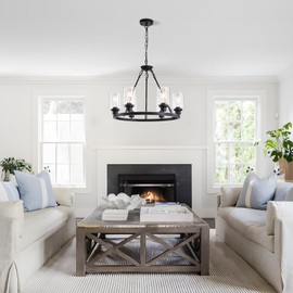OTeedo 6-Light Modern Farmhouse Chandeliers for Dining Room,Wagon Wheel Black Chandelier,Adjustable Height Hanging Round Pendant Lights for Kitchen Island,Clear Glass Shade Ceiling Light fixtures