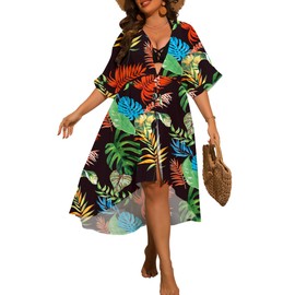 SWOMOG - Traje de baño para mujer, talla grande, tipo kimono de gasa, cárdigan largo, con parte delantera abierta, traje de baño de verano, bikini fluido, ropa de playa, Hoja Muticolor, 18 Plus