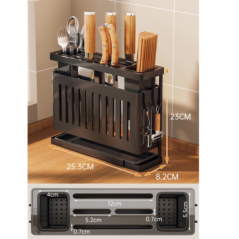Kitchen Knives Chopstick Rack with Draining Tray Wall Mounted Multifunctional