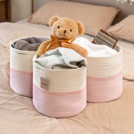 voten Cotton Rope Storage Basket Bins Pink Storage Cube Organizer Basket Foldable Decorative Woven Basket with Handles for Laundry,Clothes,Toys,Books,Towels,Nursery(3 Pack,Round,11x11x11,Mix Pink)