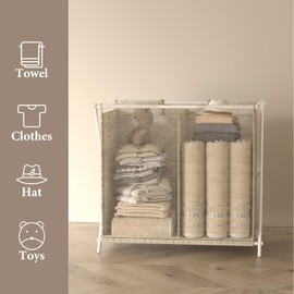 Laundry Sorter 2 Section, Collapsible Laundry Basket 2 Dividers Laundry Hamper Clothes Storage Organizer with Handle for Bedroom, Closet, Bathroom