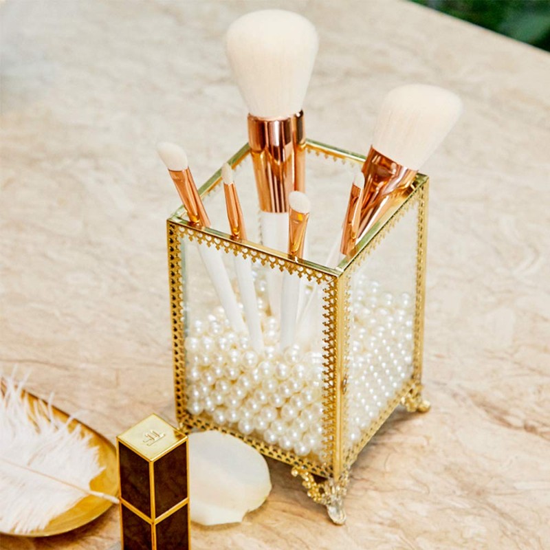 PuTwo Makeup Brush Holder Glass and Brass Vintage Makeup Brush