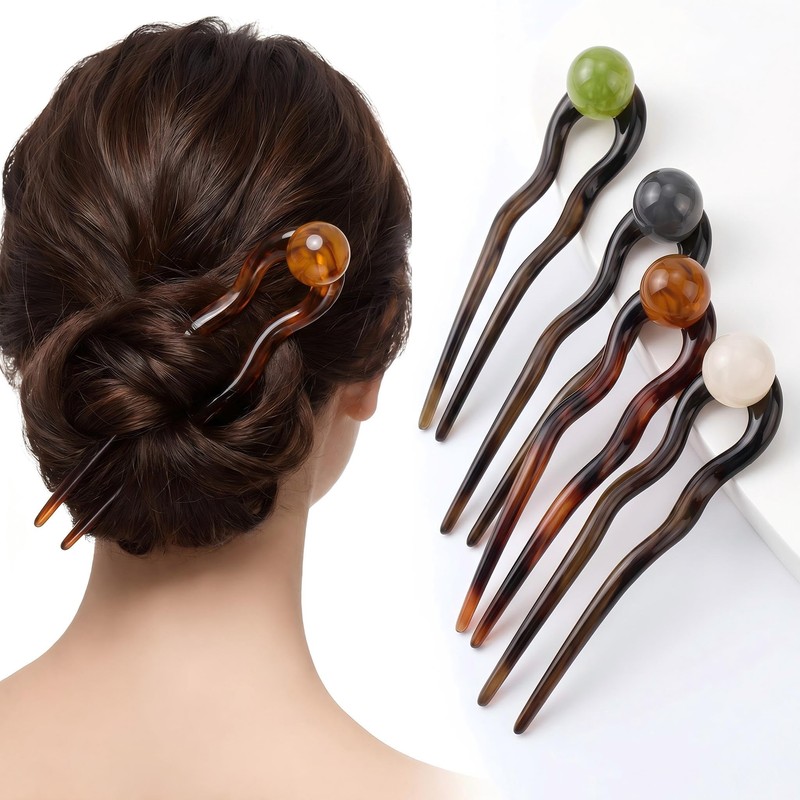 WENJESO Retro Simple Beaded U-Shaped Hair Stick for Women Bun