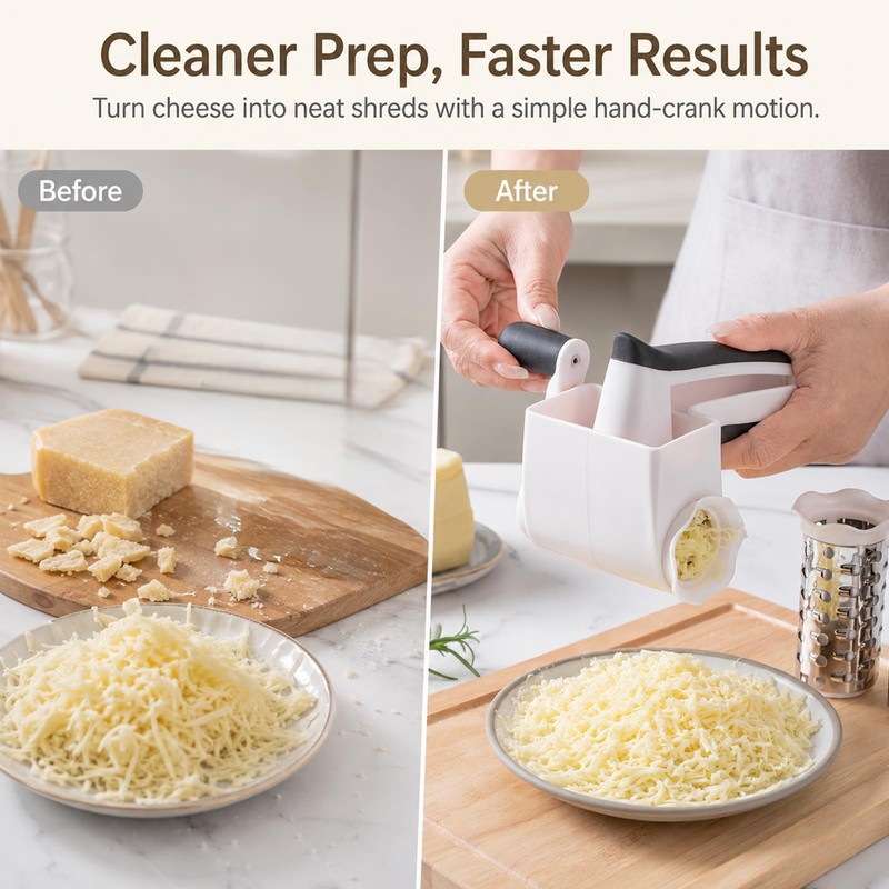 Cheese Grater Hand Crank, 3 Stainless Steel Drums ABS Cheese