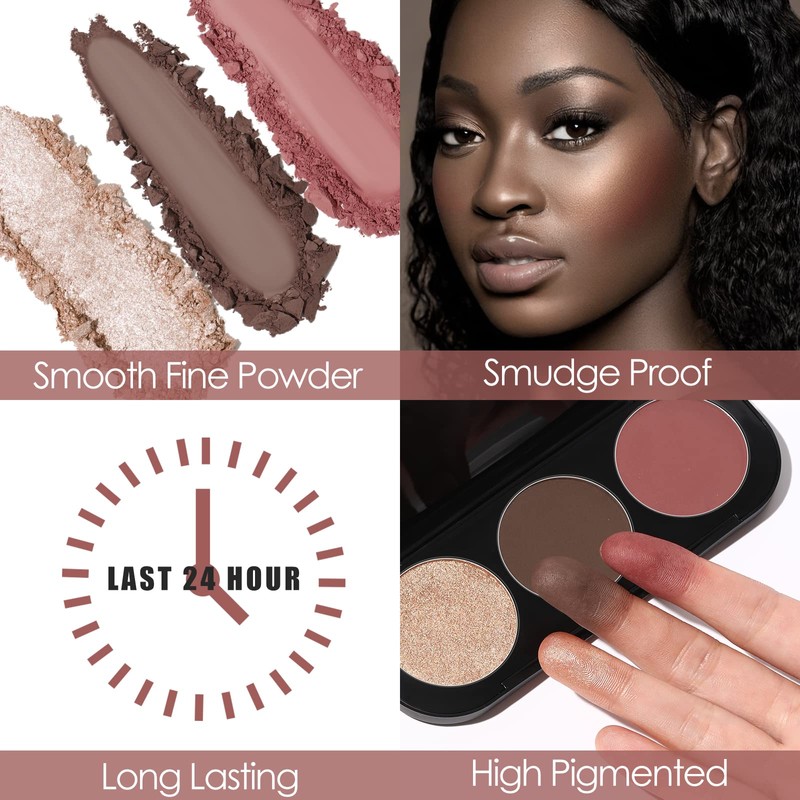 FOCALLURE Blush and Highlighter Palette,3 in 1 Contour Palette,Cruelty-Free Matte